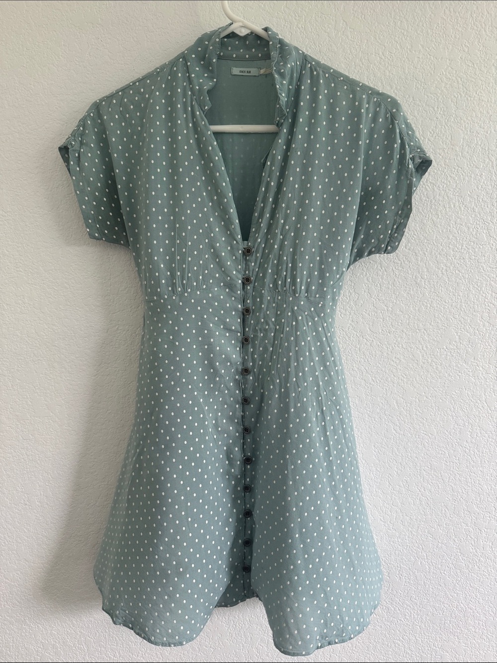 Kimchi Blue Sage Green Polka Dot Button-Front Mini Dress Sz XS Lightweight - Picture 8 of 9